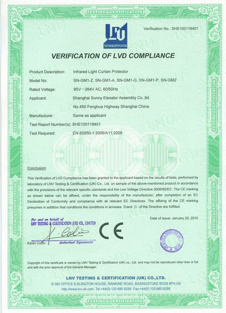 China SHANGHAI SUNNY ELEVATOR CO.,LTD Zertifizierungen